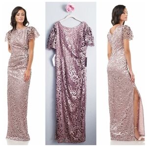 JS Collections Embroidered Mesh Flutter Sleeve Elegant Lace Evening Gown